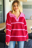 Haptics Collared Neck Striped Contrast Sweater - Trendsi