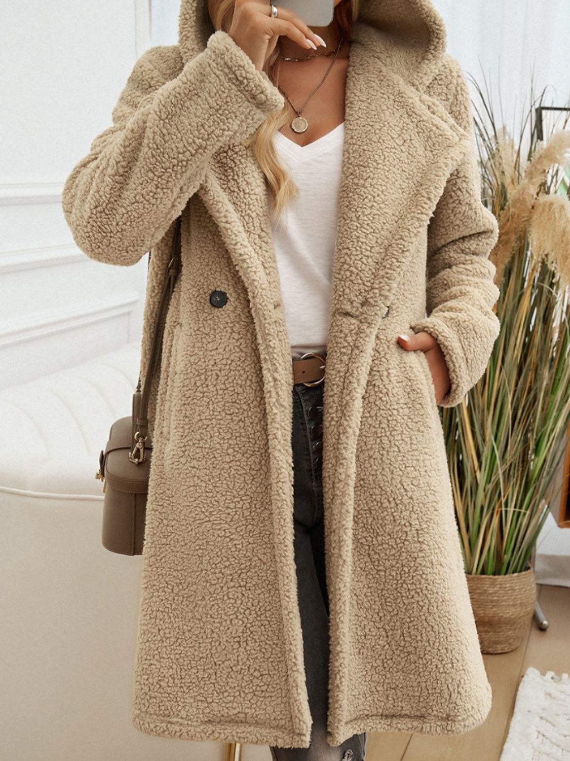 Devine Pocketed Long Sleeve Hooded Teddy Coat - Trendsi - Flyclothing LLC