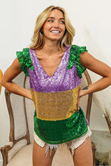 BiBi Mardi Gras Sequin Color Block Ruffled Top - Trendsi - Flyclothing LLC