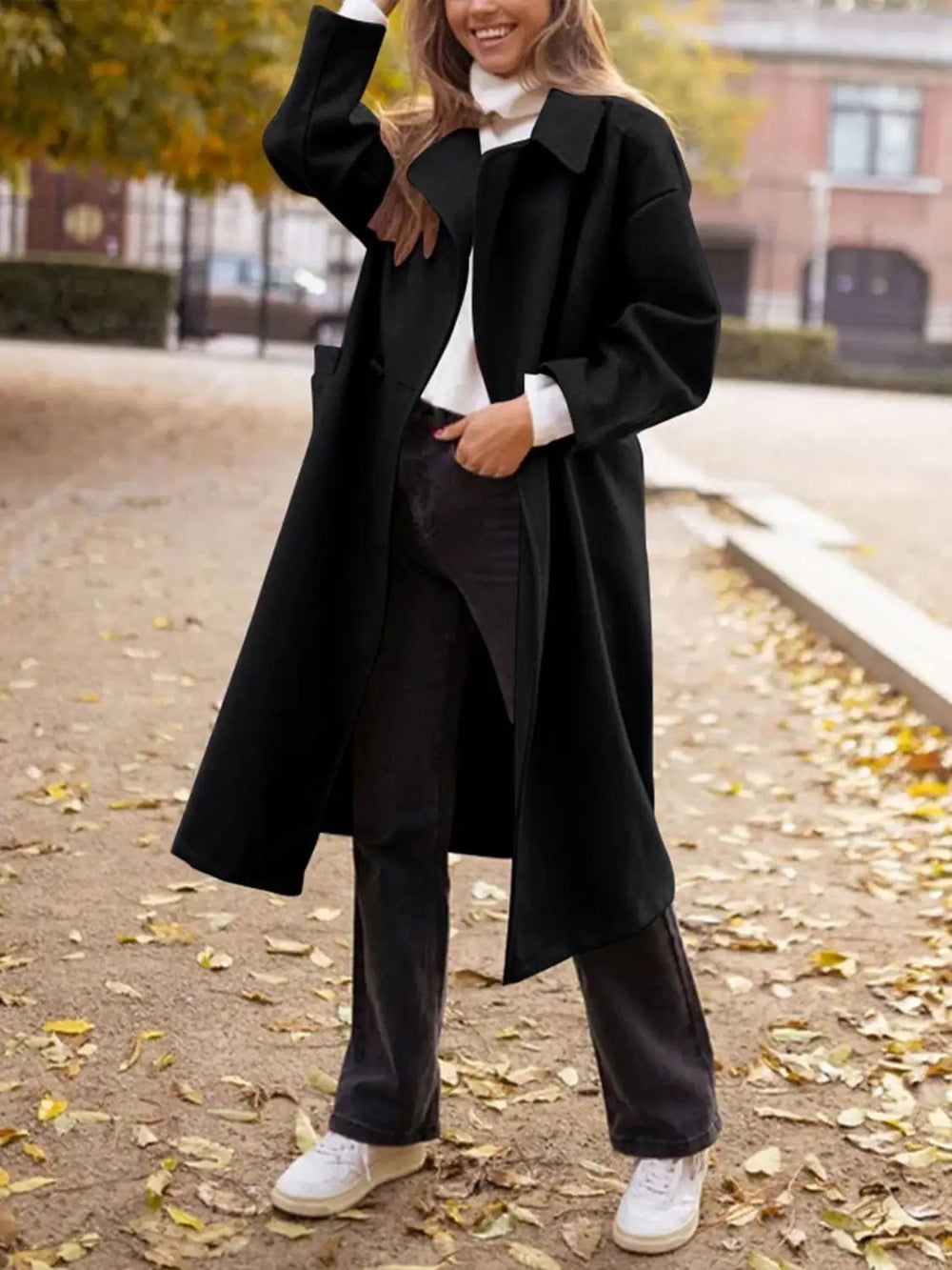Pocketed Collared Neck Long Sleeve Coat - Trendsi