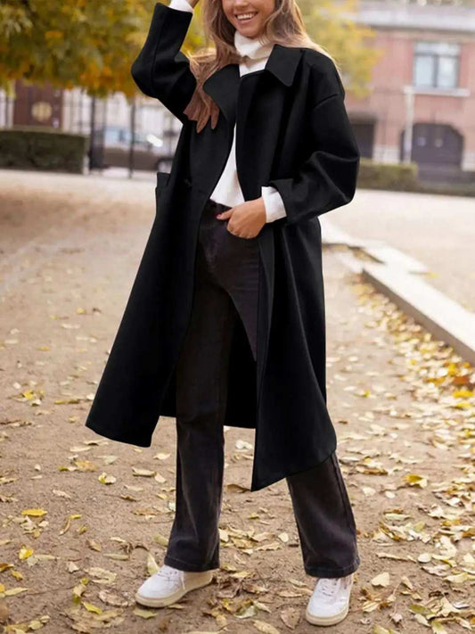 Pocketed Collared Neck Long Sleeve Coat - Trendsi - Flyclothing LLC