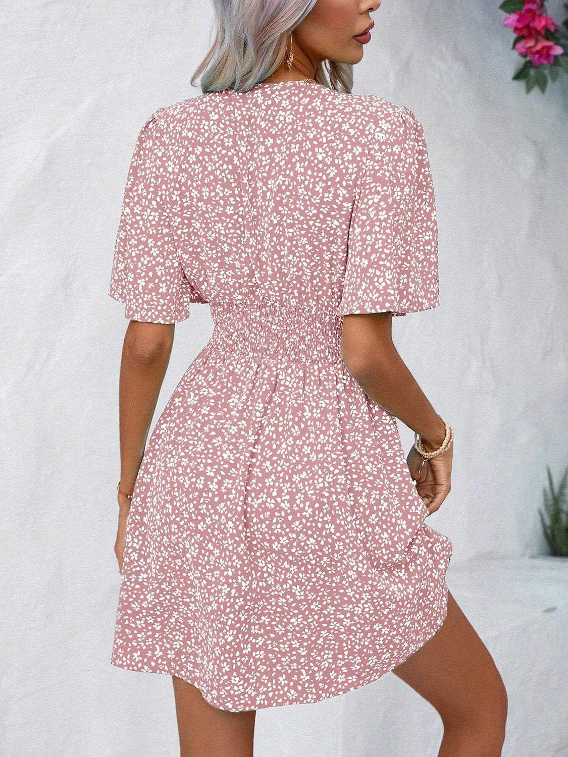 Printed V-Neck Half Sleeve Mini Dress - Trendsi - Flyclothing LLC
