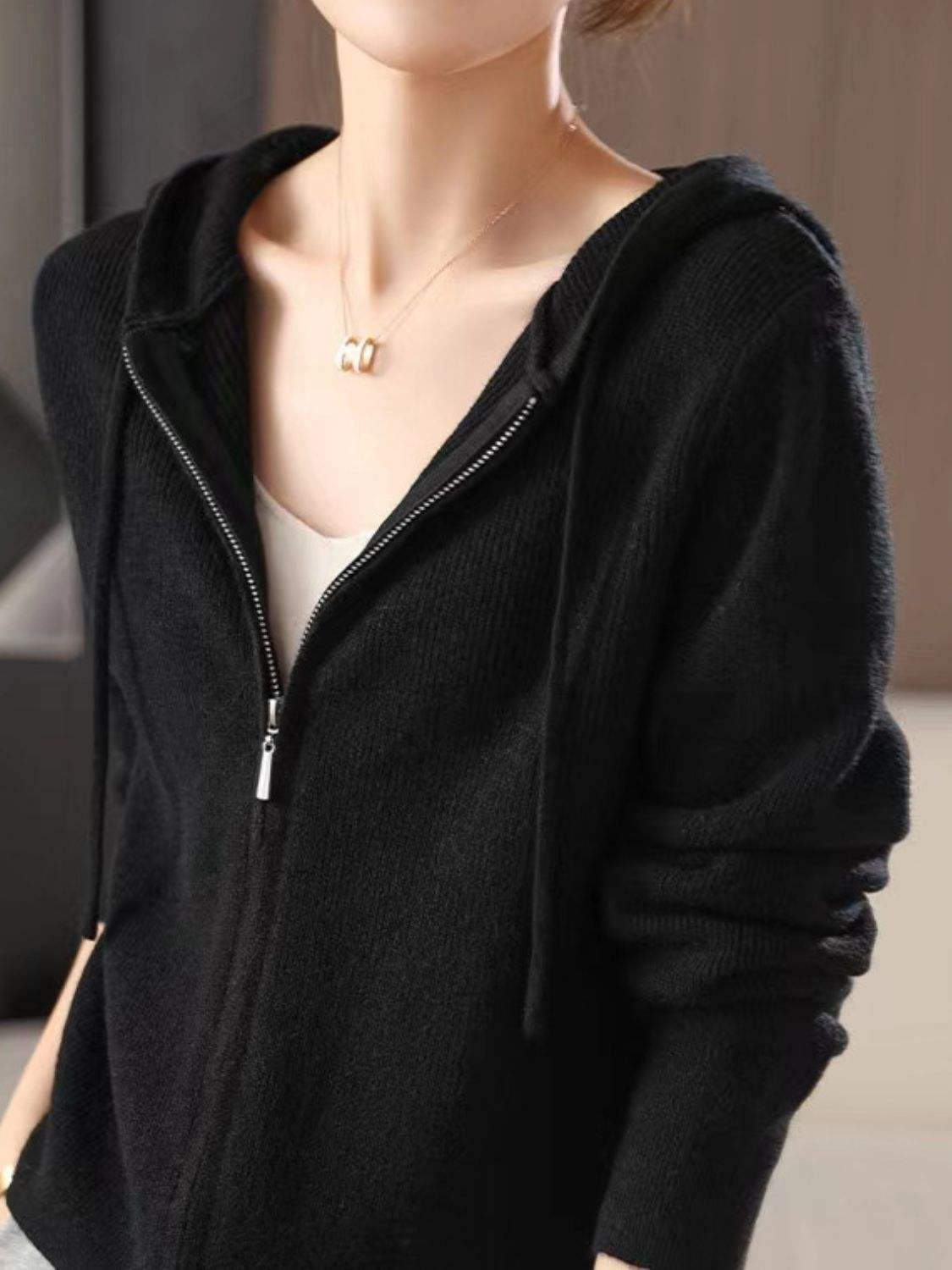 Drawstring Zip Up Long Sleeve Hooded Sweater - Trendsi - Flyclothing LLC