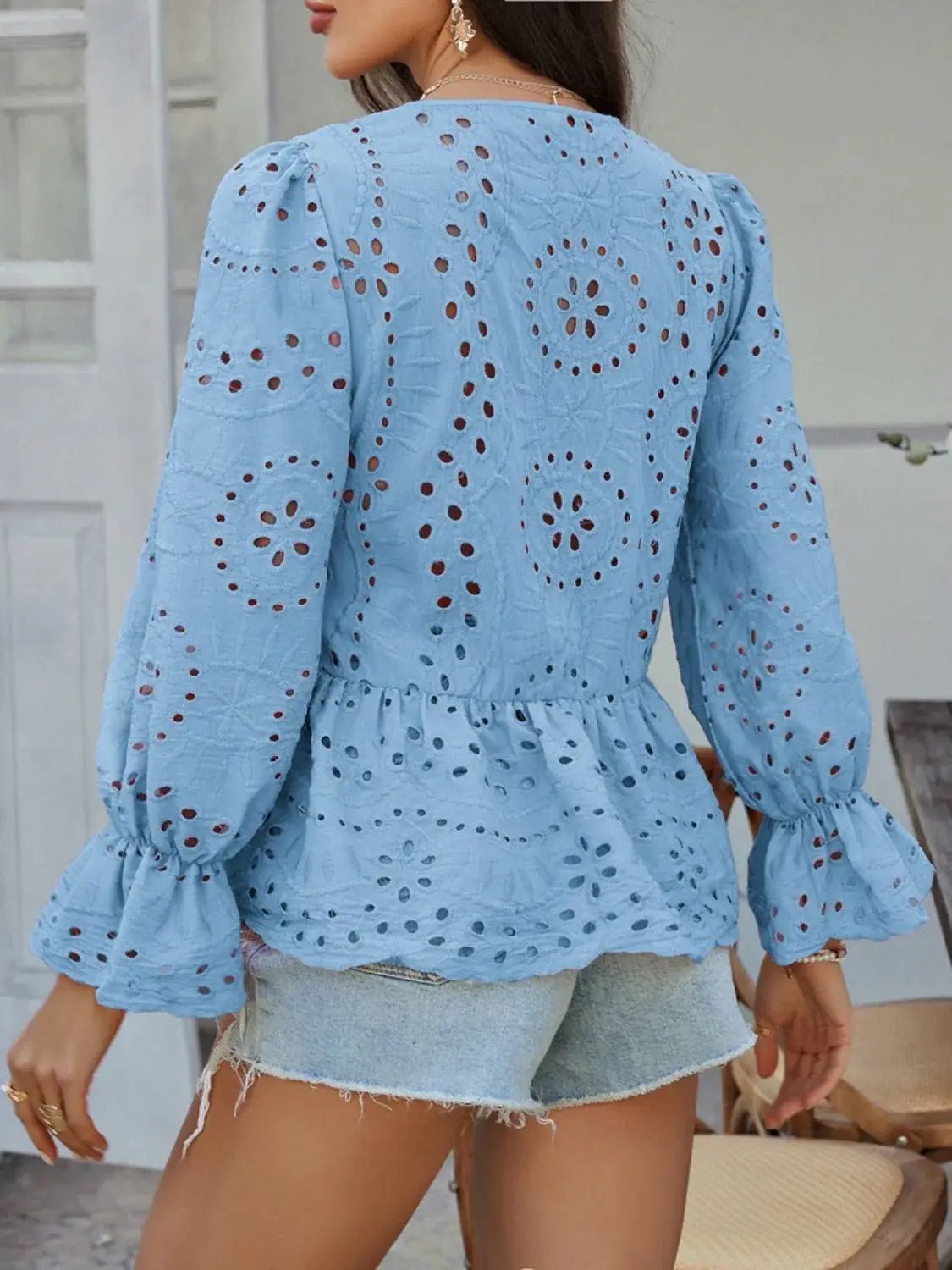 Devine Tie Front Flounce Sleeve Peplum Blouse - Trendsi - Flyclothing LLC
