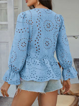 Devine Tie Front Flounce Sleeve Peplum Blouse - Trendsi - Flyclothing LLC