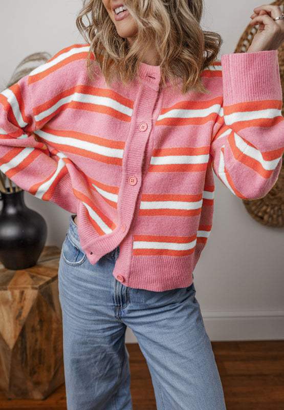Striped Button Down Long Sleeve Cardigan - Trendsi - Flyclothing LLC