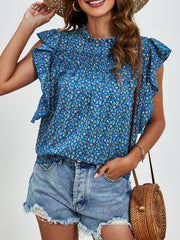 Ruffled Ditsy Floral Mock Neck Cap Sleeve Blouse - Trendsi