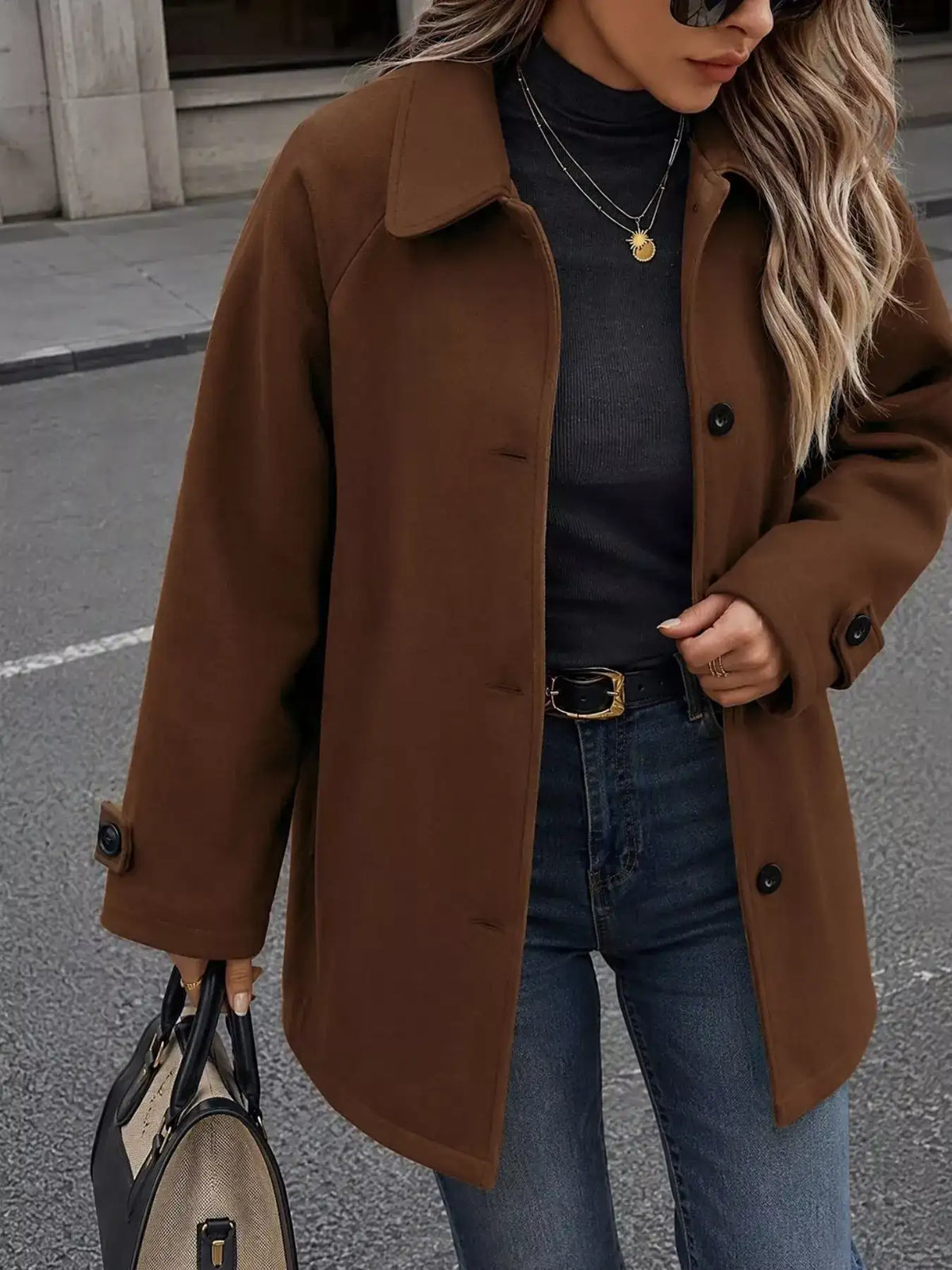 Single-Breasted Raglan Sleeve Outerwear - Trendsi - Flyclothing LLC