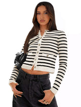 Striped Round Neck Button Up Long Sleeve Cardigan - Trendsi - Flyclothing LLC