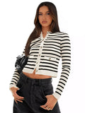 Striped Round Neck Button Up Long Sleeve Cardigan - Trendsi