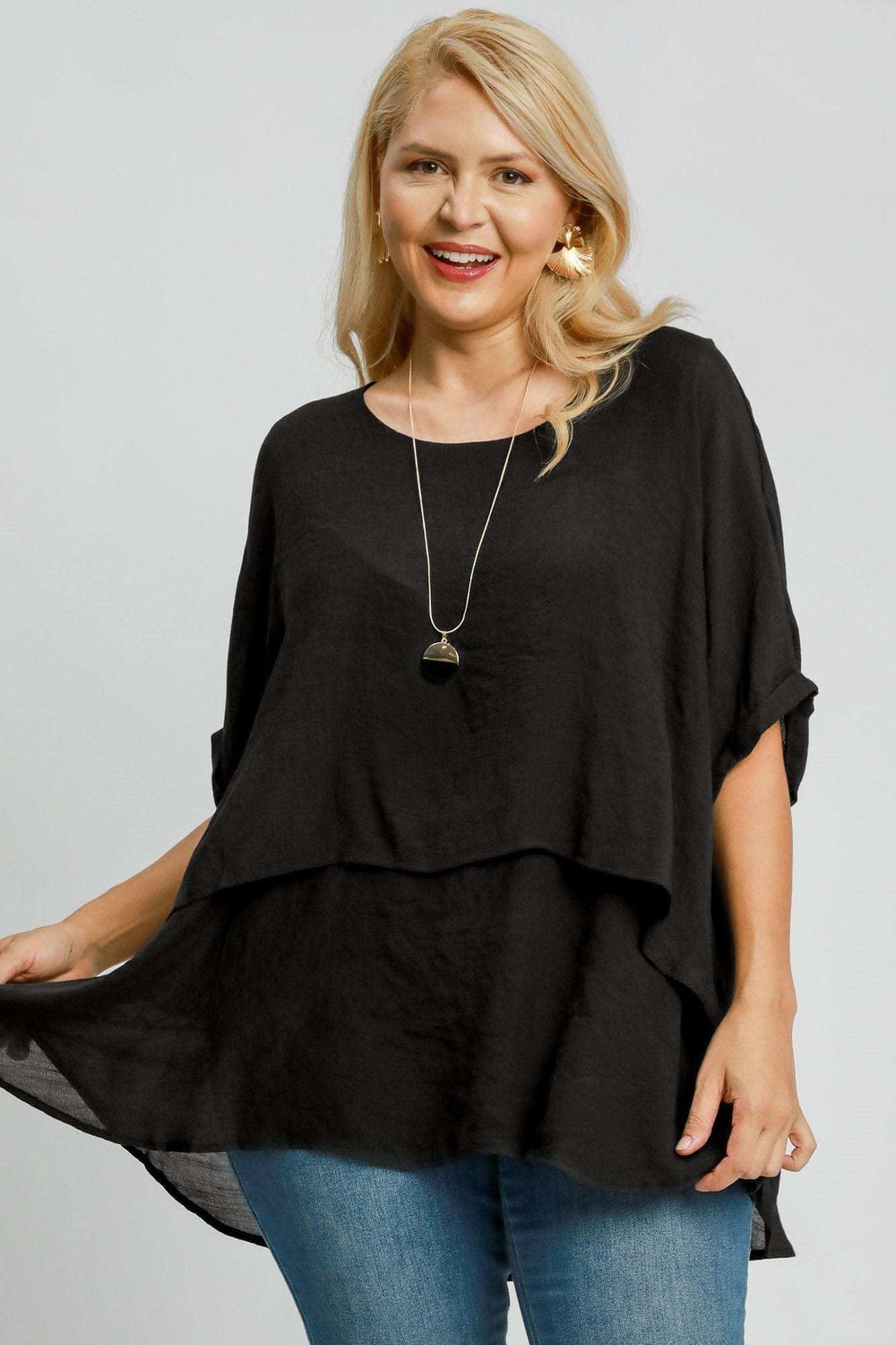 Umgee Full Size Cuffed Half Sleeve Layered Top Plus Size - Trendsi - Flyclothing LLC