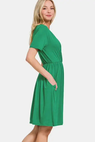 Zenana Surplice Short Sleeve Brushed DTY Dress - Trendsi - Flyclothing LLC