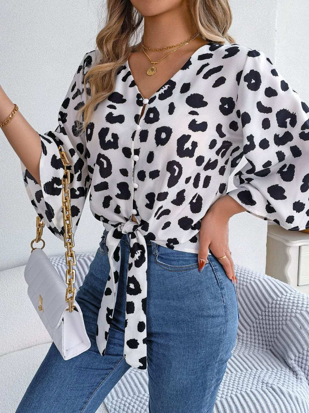 Tied Button Up Leopard V-Neck Blouse - Trendsi - Flyclothing LLC