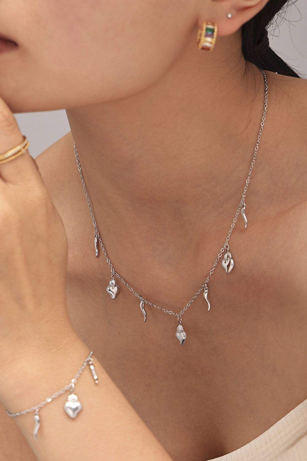 Stainless Steel Heart Charm Bracelet and Necklace Set - Trendsi - Flyclothing LLC