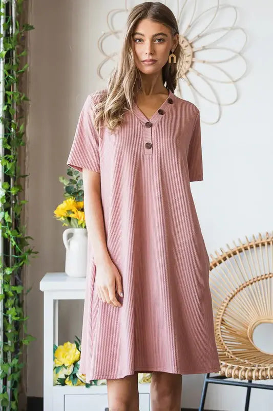 Heimish Full Size Solid Ribbed Mini Dress with Button Plus Size - Trendsi - Flyclothing LLC