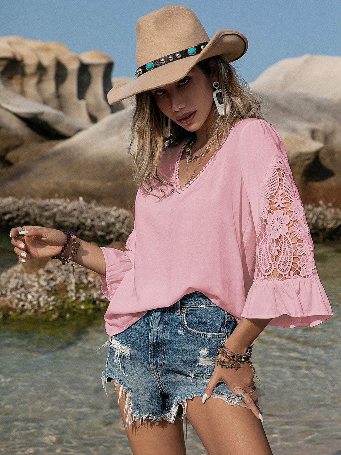 V-Neck Lace Flounce Sleeve Blouse - Trendsi - Flyclothing LLC