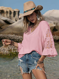 V-Neck Lace Flounce Sleeve Blouse - Trendsi - Flyclothing LLC