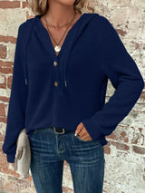 Waffle Knit Button Detail Hoodie - Trendsi - Flyclothing LLC