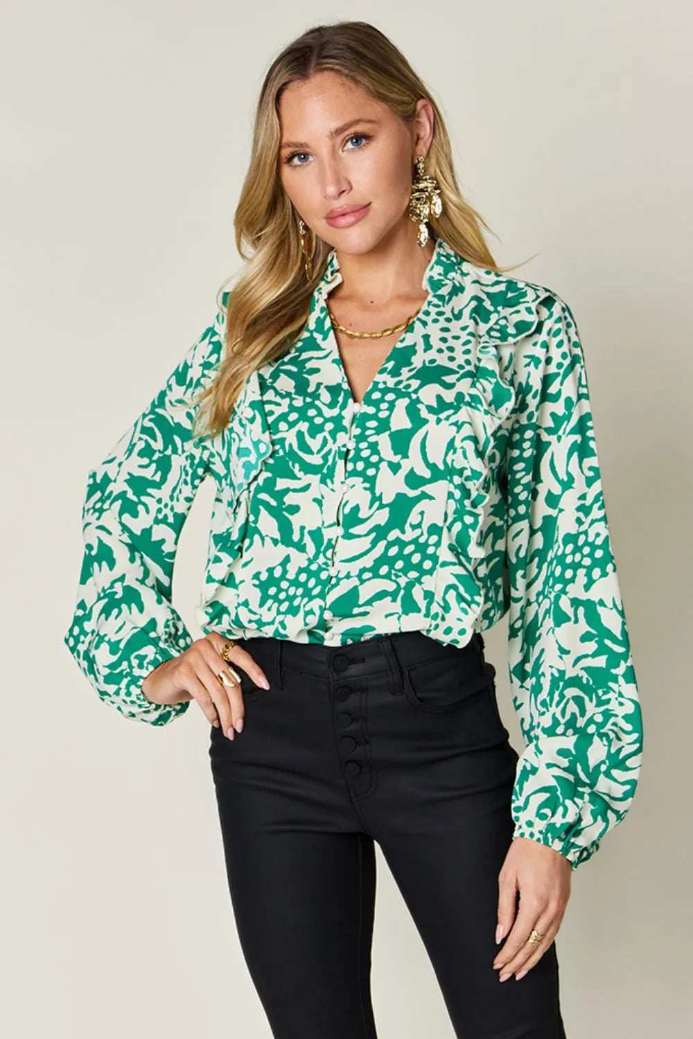 Double Take Full Size Printed Ruffle Trim Balloon Sleeve Shirt - Trendsi - Flyclothing LLC