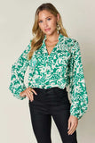 Double Take Full Size Printed Ruffle Trim Balloon Sleeve Shirt - Trendsi - Flyclothing LLC