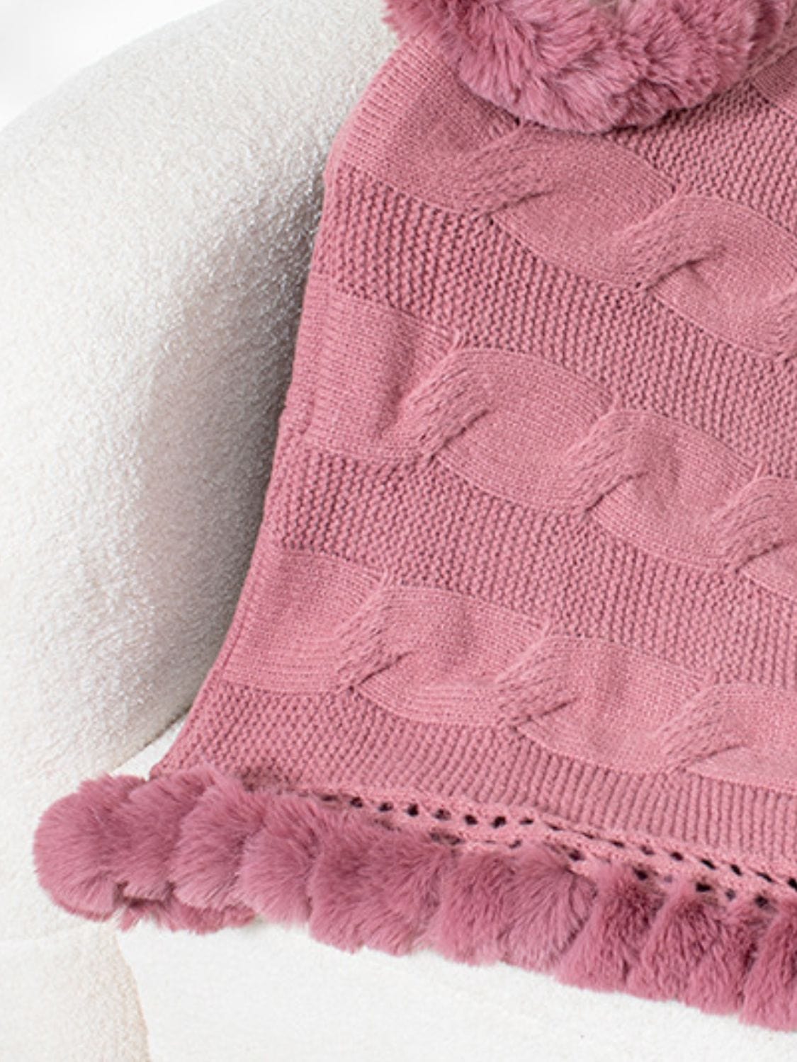 Fuzzy Hem Cable-Knit Poncho - Trendsi