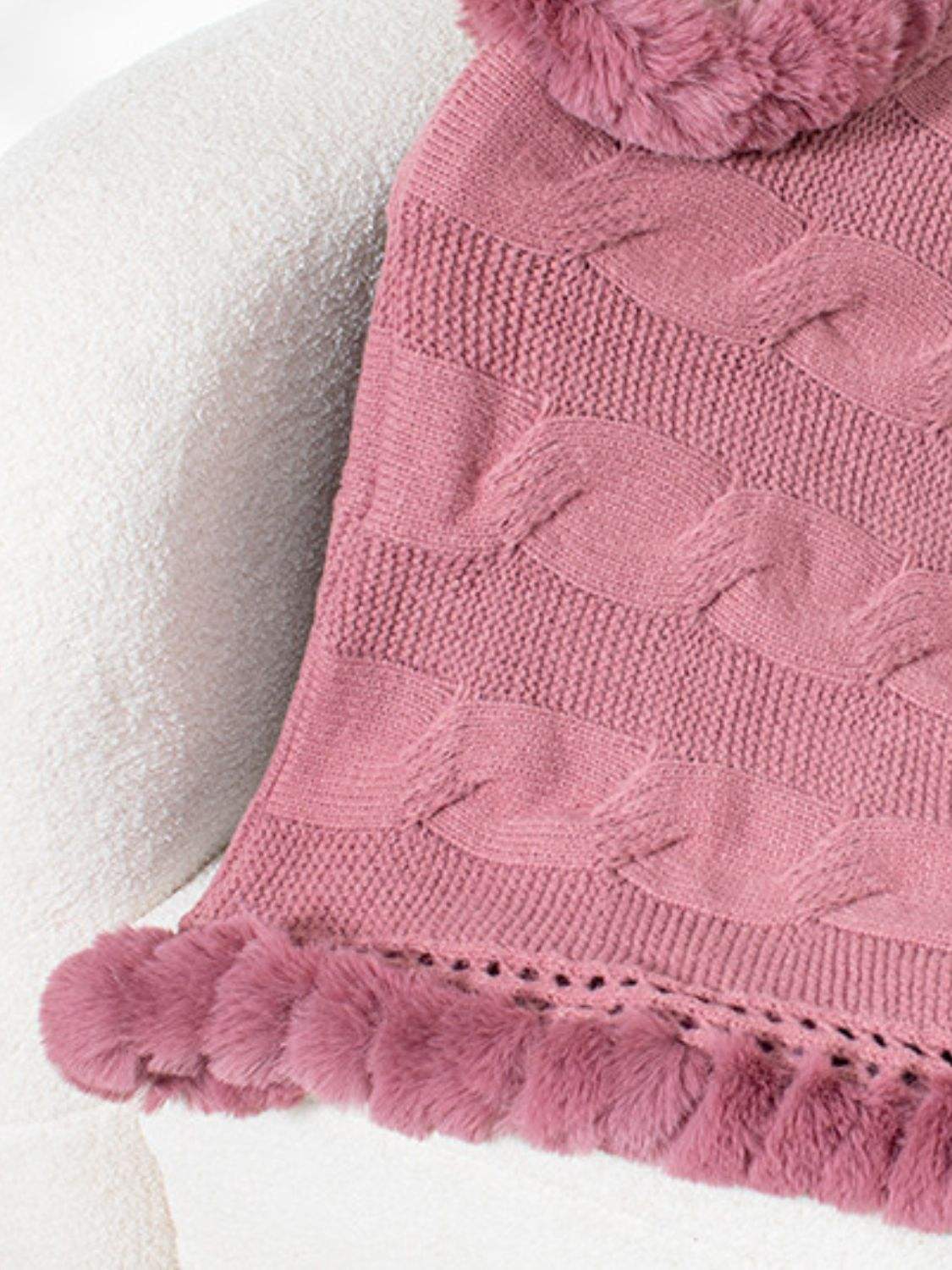 Fuzzy Hem Cable-Knit Poncho - Trendsi - Flyclothing LLC