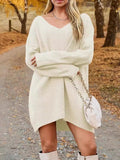 V-Neck Dropped Shoulder Sweater Dress - Trendsi