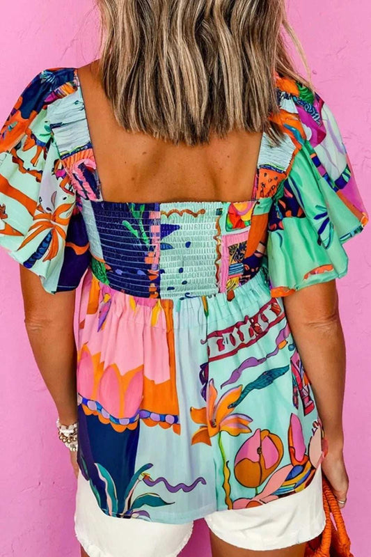 Printed Square Neck Ruffled Short Sleeve Blouse - Trendsi - Flyclothing LLC