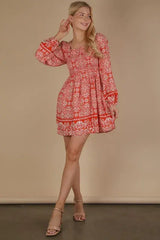 VERY J Printed Smocked Chest Boho Mini Dress - Trendsi - Flyclothing LLC