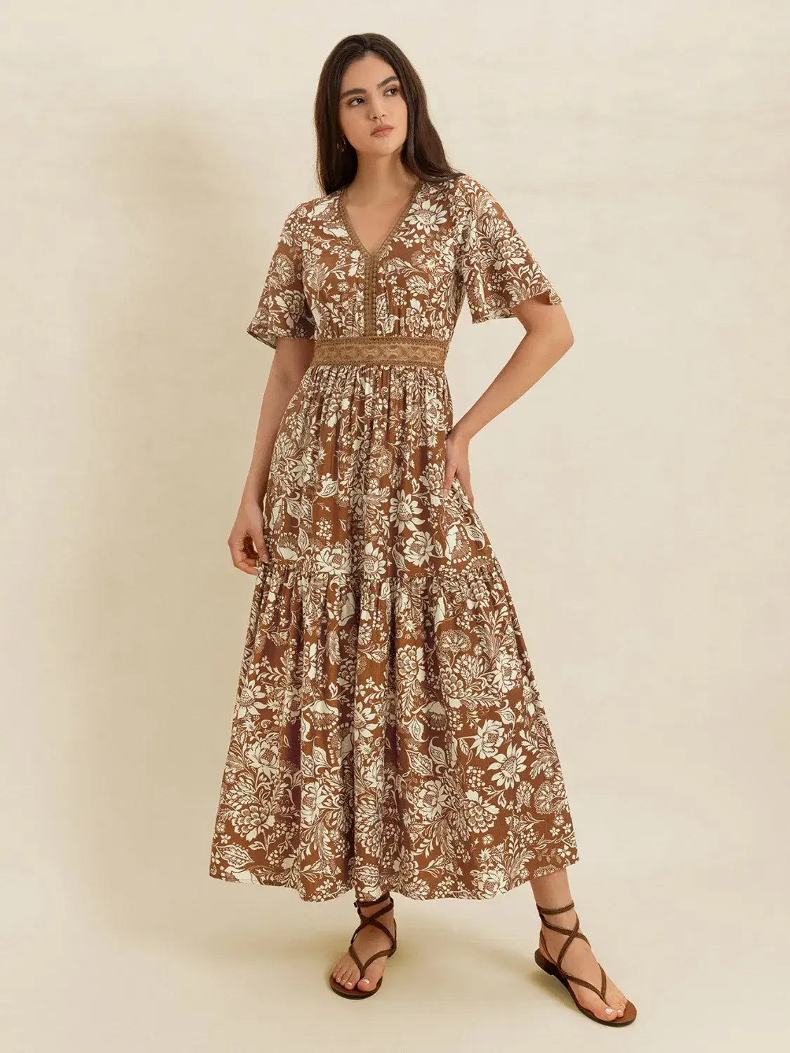 Lace Detail Printed Short Sleeve Midi Dress - Trendsi - Flyclothing LLC