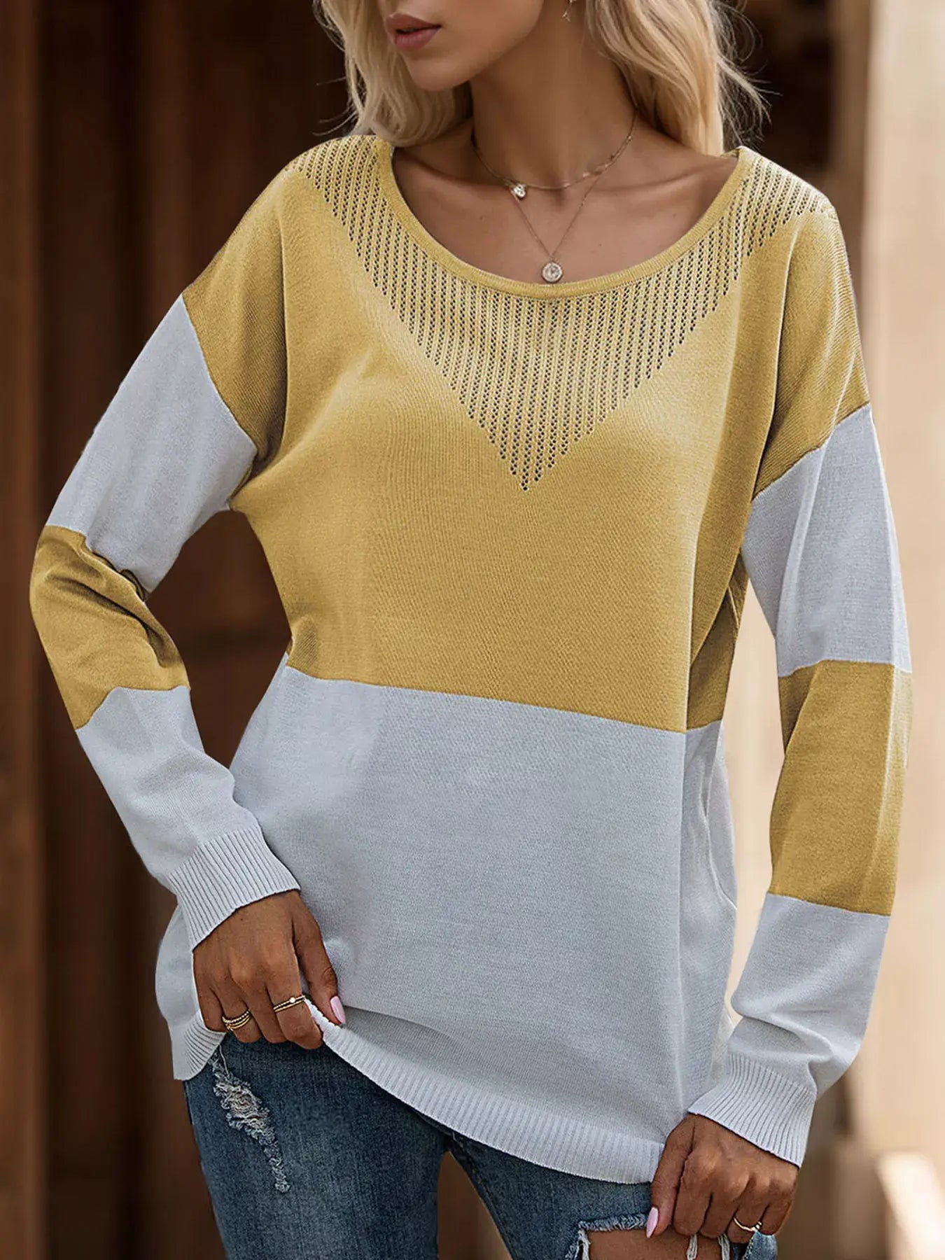 Color Block V-Neck Knit Top - Trendsi - Flyclothing LLC
