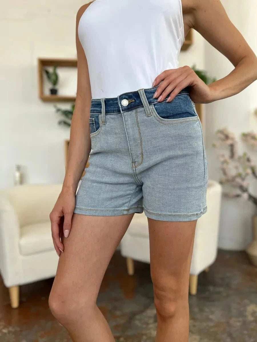 Judy Blue Full Size Color Block Denim Shorts - Trendsi - Flyclothing LLC