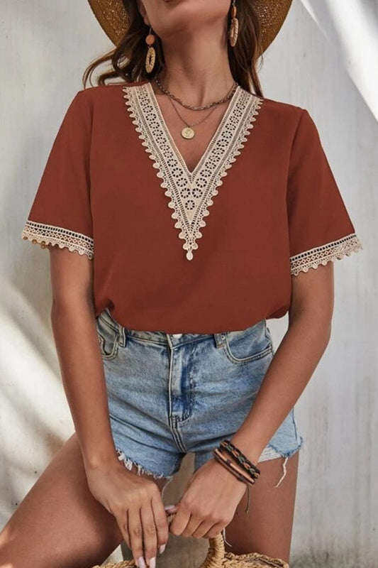 Full Size Lace Detail V-Neck Short Sleeve Blouse - Trendsi