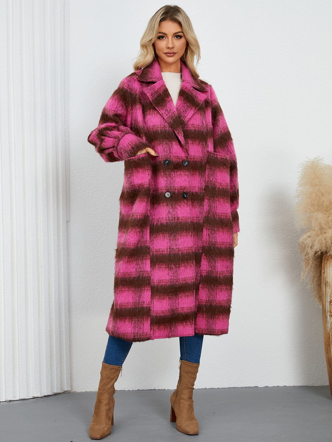 Contrast Double-Breasted Long Sleeve Longline Coat - Trendsi