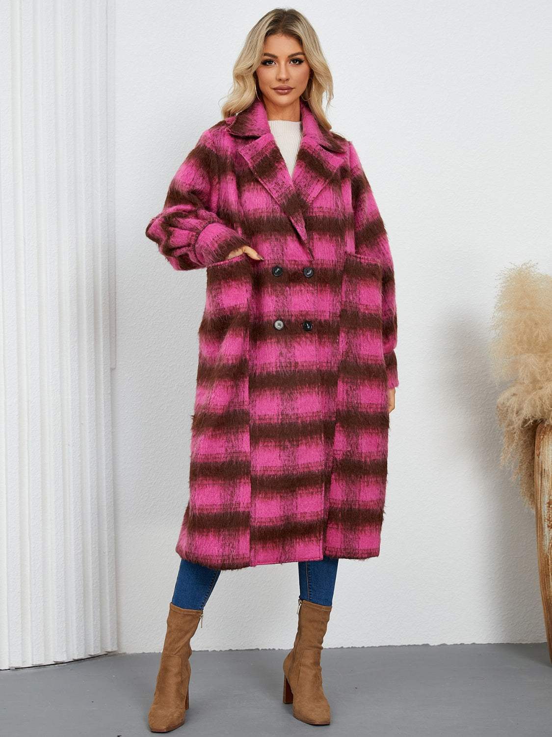 Contrast Double-Breasted Long Sleeve Longline Coat - Trendsi - Flyclothing LLC