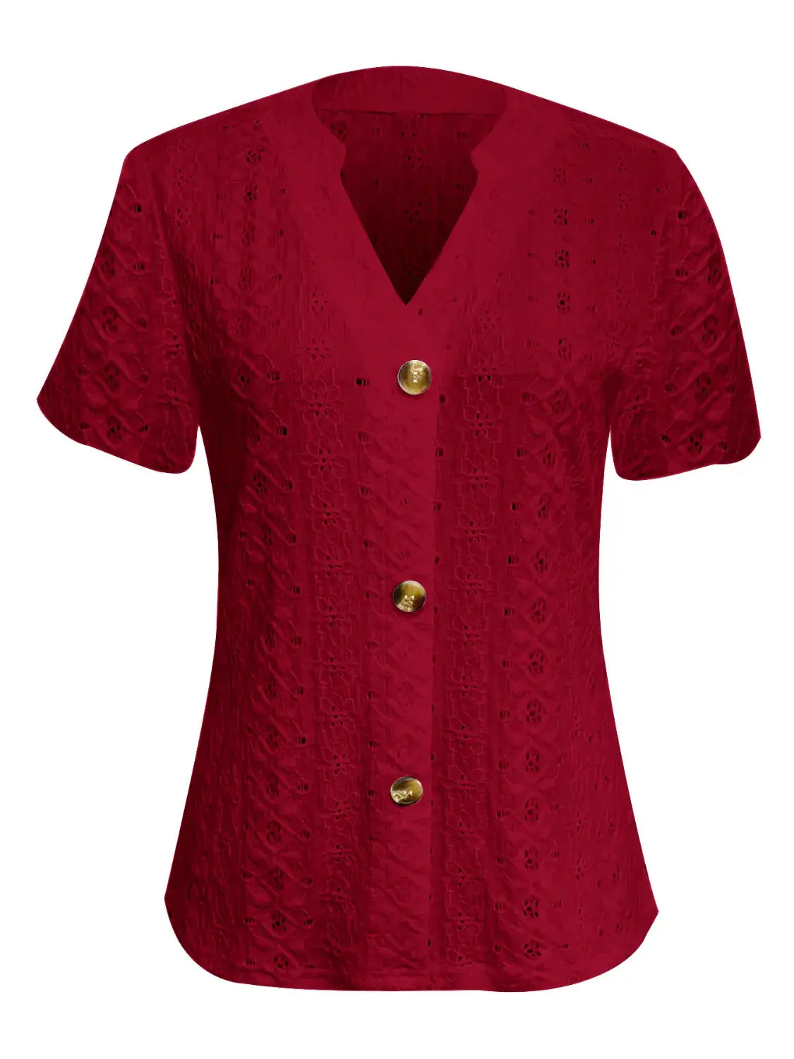 Openwork Notched Short Sleeve Top - Trendsi - Flyclothing LLC
