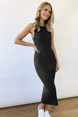 Slit Ribbed Round Neck Sleeveless Dress - Trendsi - Flyclothing LLC