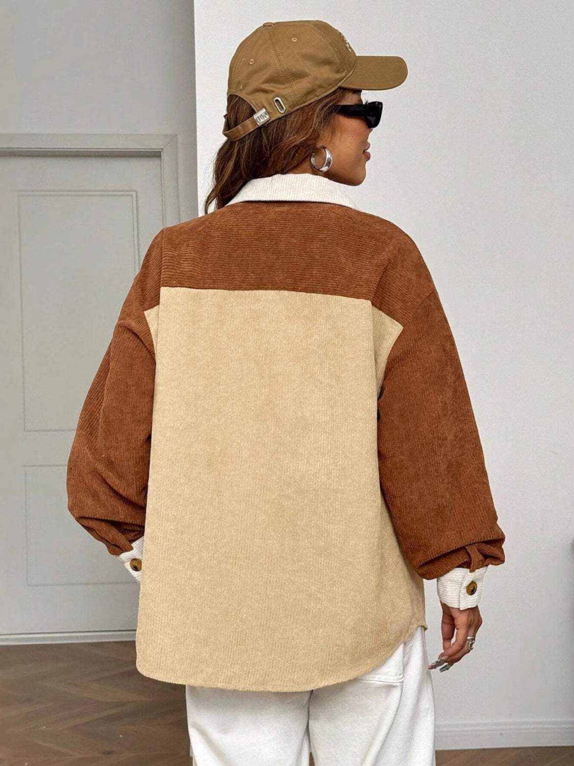 Color Block Collared Neck Long Sleeve Shirt - Trendsi - Flyclothing LLC