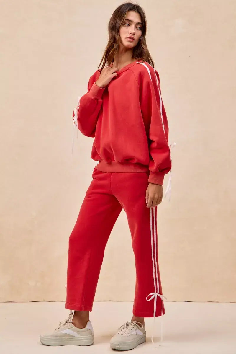 BiBi Side Lined Bow Details Fleece Sweatpants - Trendsi - Flyclothing LLC