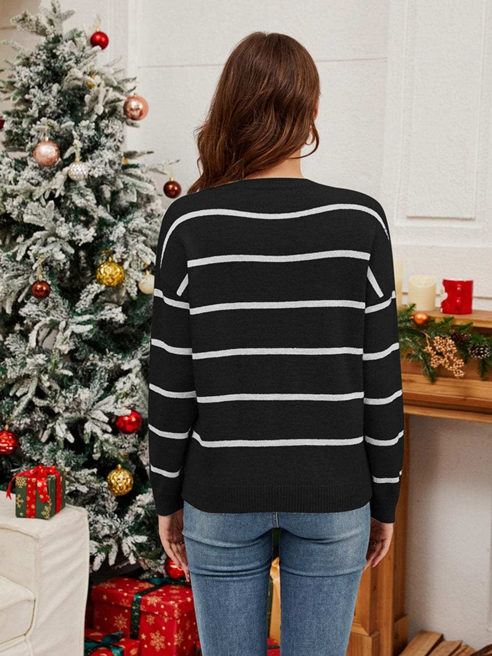 Sequin Santa Striped Round Neck Long Sleeve Sweater - Trendsi - Flyclothing LLC