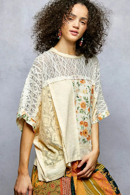 POL Floral Patchwork Lace Accent Blouse - Trendsi - Flyclothing LLC