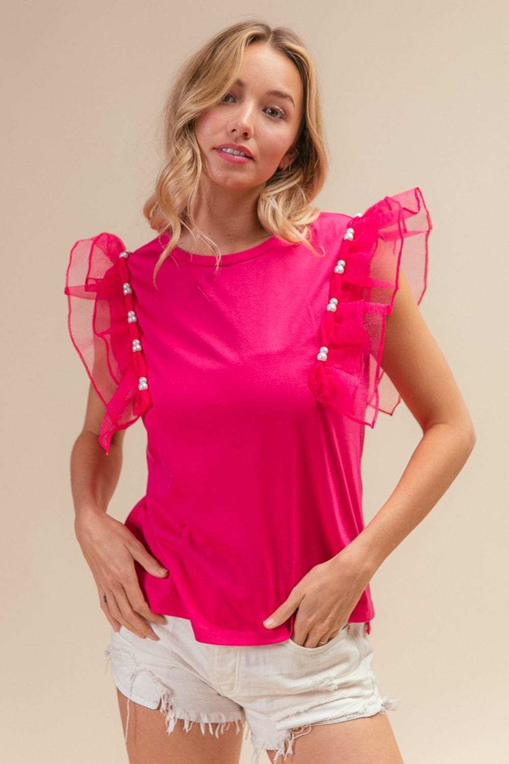BiBi Pearl Decor Mesh Ruffle Sleeve Top - Trendsi - Flyclothing LLC