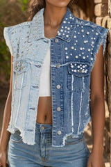 Pearl Raw Hem Sleeveless Denim Jacket - Trendsi