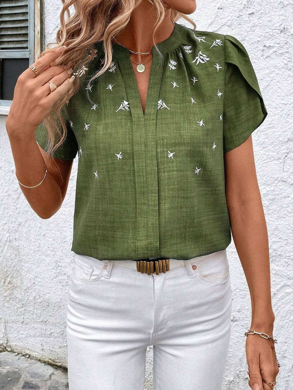 Floral Notched Short Sleeve Blouse - Trendsi - Flyclothing LLC