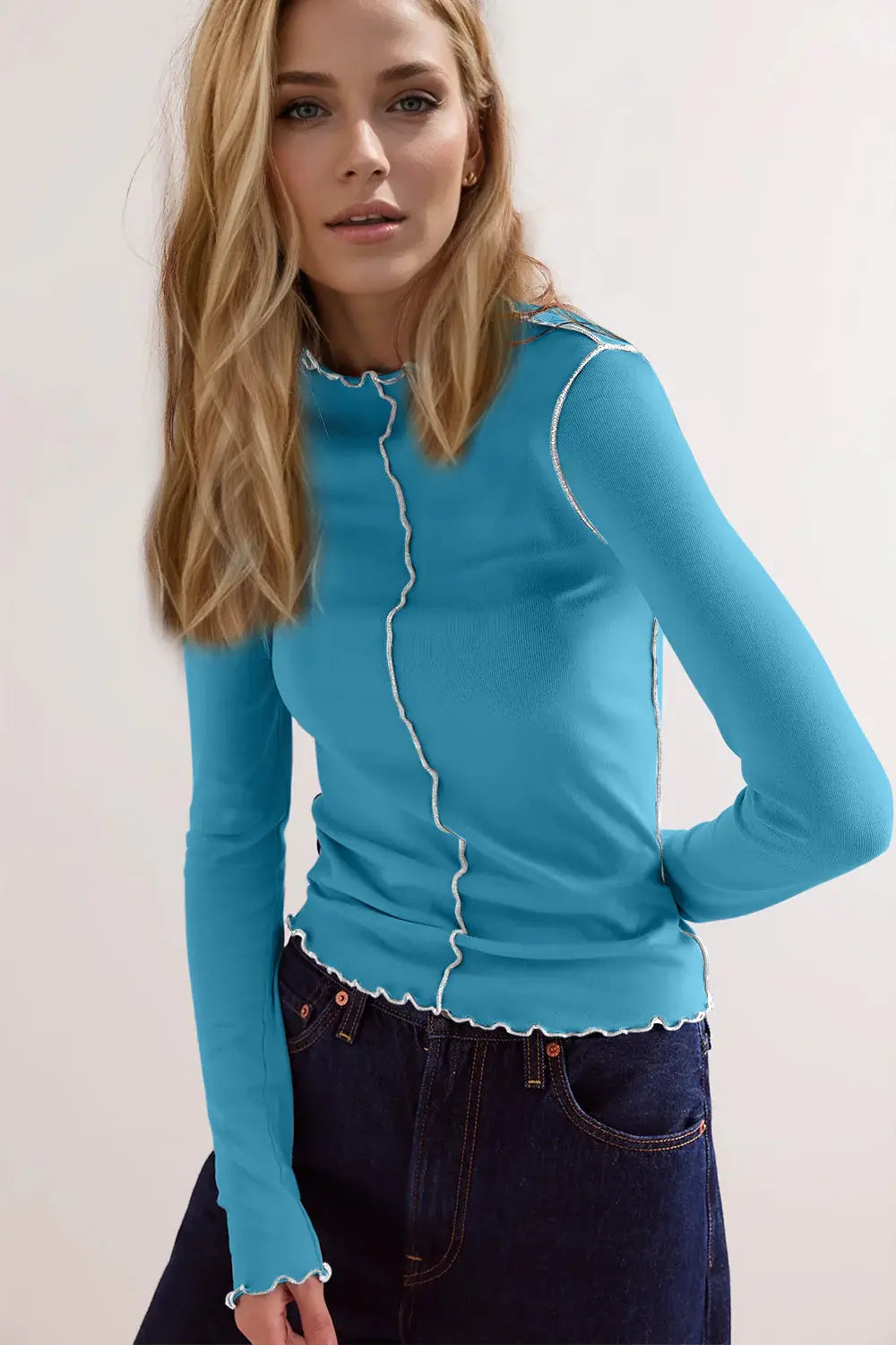 Basic Bae Contrast Trim Mock Neck Long Sleeve T-Shirt - ShopBasicbae - Flyclothing LLC
