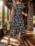 Printed Round Neck Flutter Sleeve Midi Dress - Trendsi
