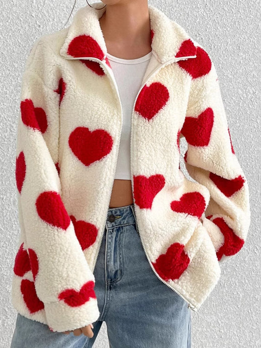 Heart Zip Up Drop Shoulder Furry Jacket - Trendsi