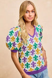 BiBi Mardi Gras Fleur De Lis Patterned V Neck Knit Top - Trendsi - Flyclothing LLC