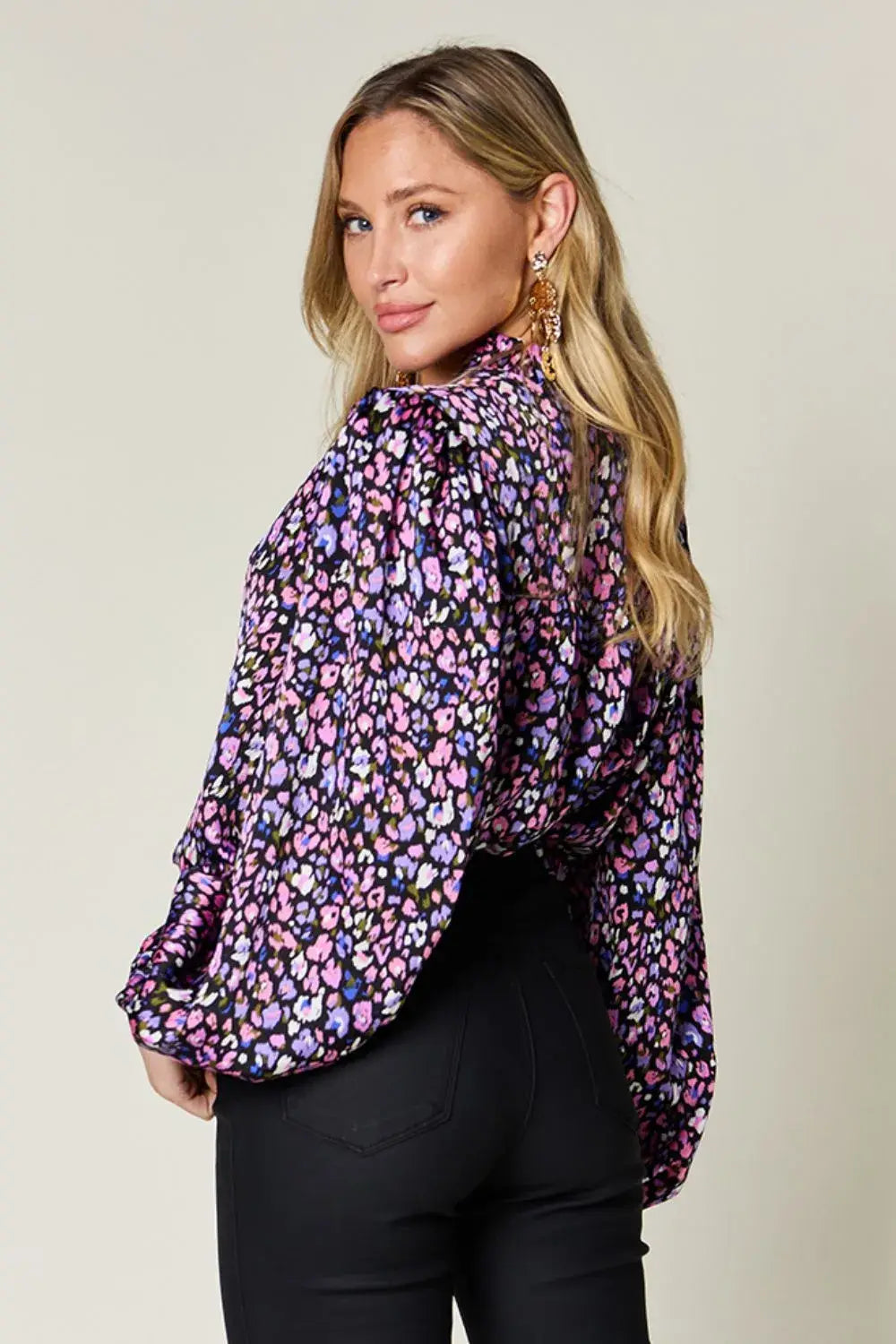 Double Take Full Size Printed Balloon Sleeve Shirt - Trendsi - Flyclothing LLC