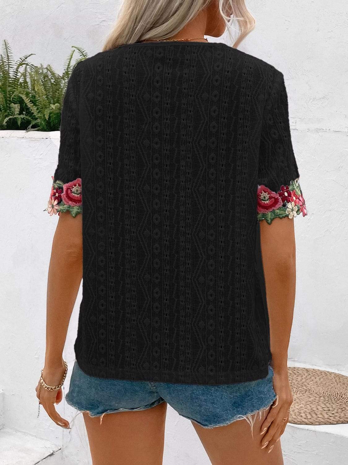 Eyelet Embroidered V-Neck Short Sleeve Blouse - Trendsi - Flyclothing LLC